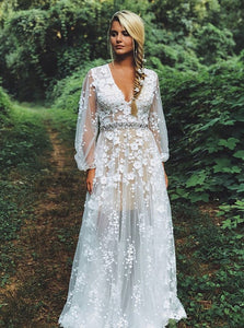 V-Neck Waist Beaded Appliques Boho Wedding Dress With Long Sleeves OW595