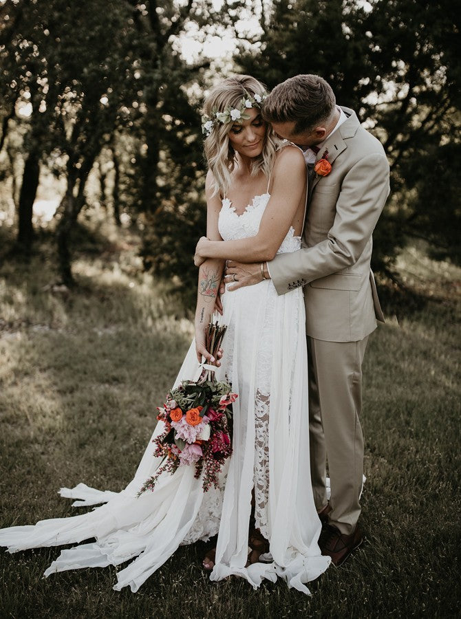 Spaghetti Straps Backless Sheath Lace Beach Wedding Dress OW600