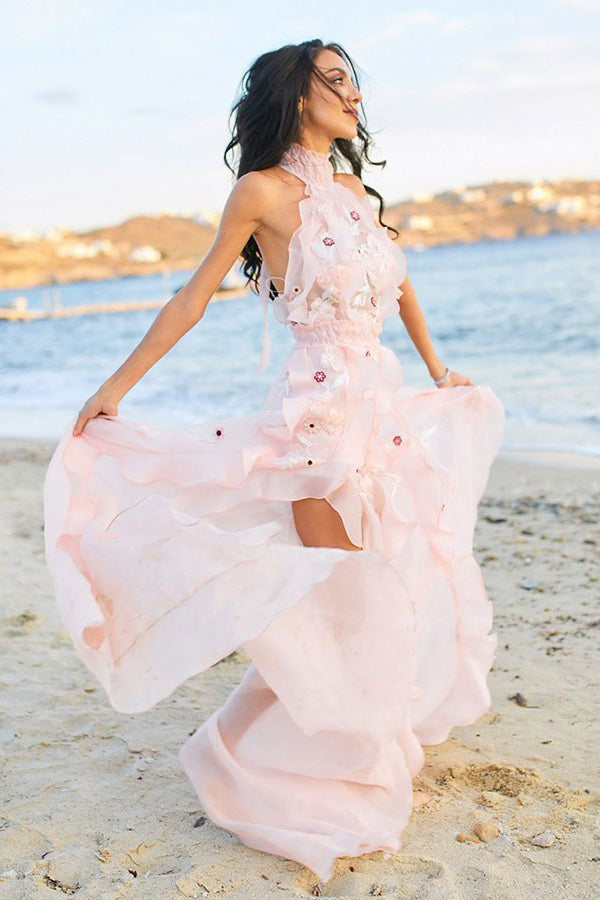 Pink Halter Appliques Beach Wedding Dress Backless Wedding Gown OW603