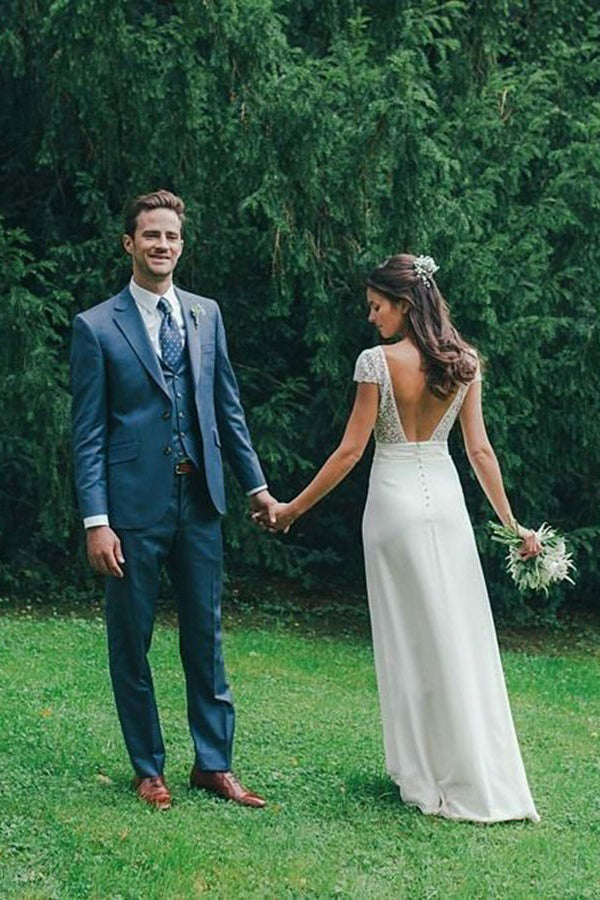 Cap Sleeves Sheath V-Neck Backless Wedding Dress With Lace OW596