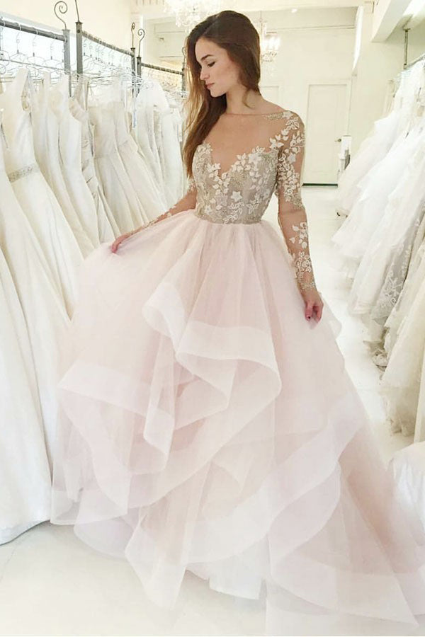 Princess Pink Bateau Long Sleeves Wedding Dress With Appliques OW598