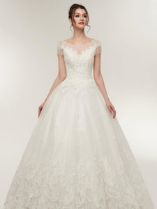 Elegant Princess White Cap Sleeve Tulle Wedding Dresses With Lace Appliques