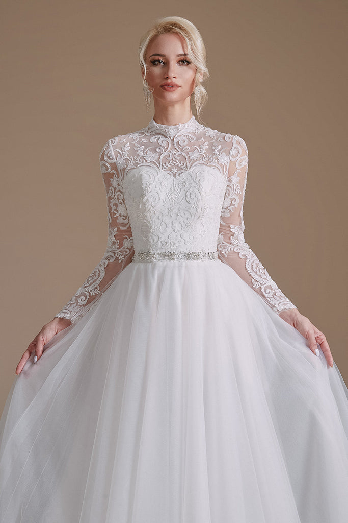 A-Line Lace Appliques Long Sleeve Tulle Chapel Train Wedding Dress