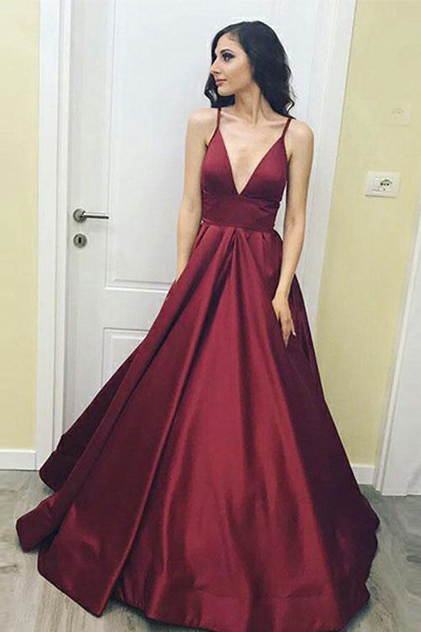 A-Line Deep V-Neck Satin Burgundy Long Prom Dress With Pockets