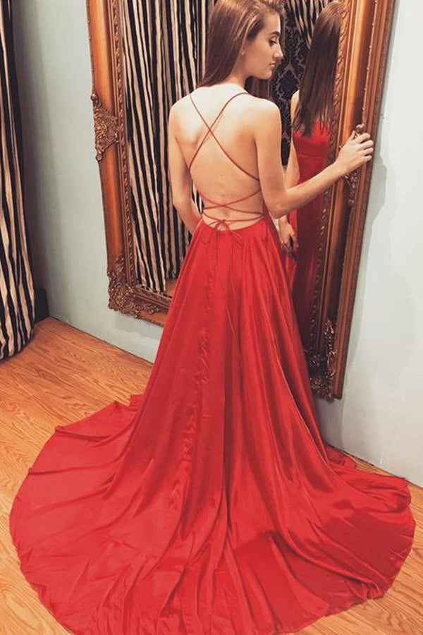 A-Line Halter Red Slit Prom Dress, Sexy Backless Evening Gown