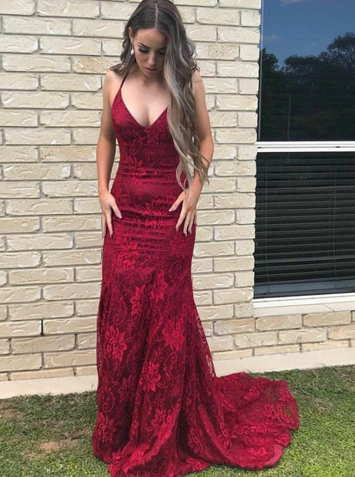 Spaghetti Burgundy Prom Dress Lace Mermaid Long Evening Dress OP846