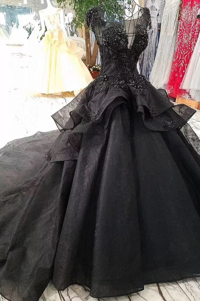 Cap Sleeves Black Ball Gown Prom Dresses, Long Bridal Dress with Beads OP877