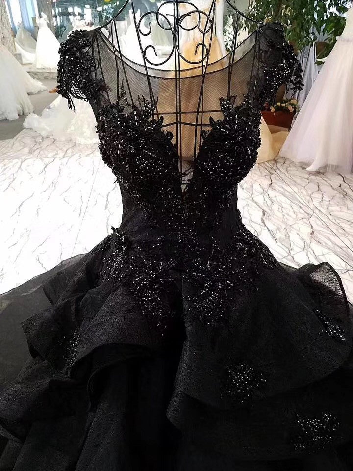 Cap Sleeves Black Ball Gown Prom Dresses, Long Bridal Dress with Beads OP877