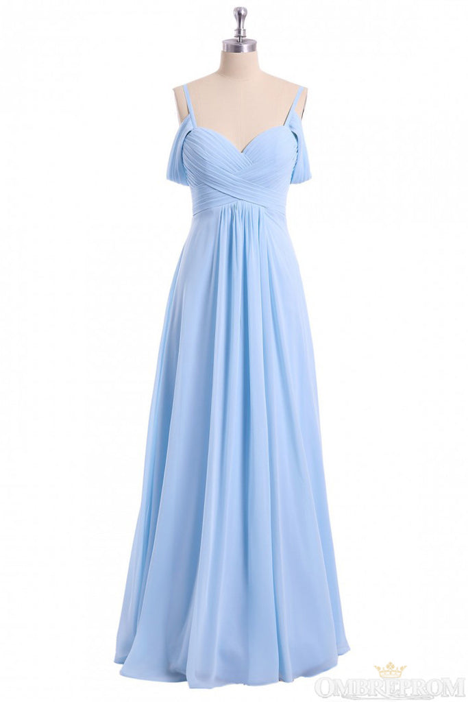 Chiffon Sky Blue Long Bridesmaid Dress, Off Shoulder Spaghetti Prom Dress OB276