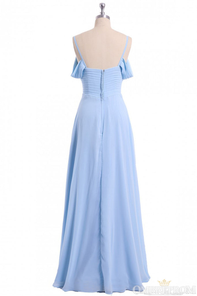 Chiffon Sky Blue Long Bridesmaid Dress, Off Shoulder Spaghetti Prom Dress OB276