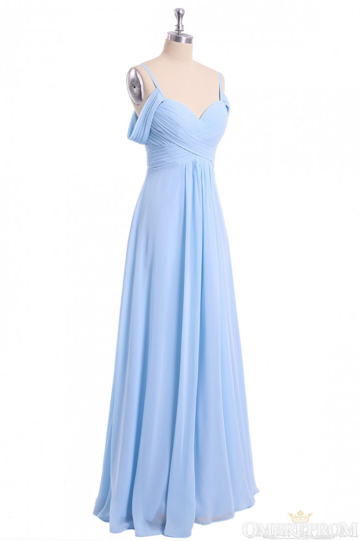 Chiffon Sky Blue Long Bridesmaid Dress, Off Shoulder Spaghetti Prom Dress OB276