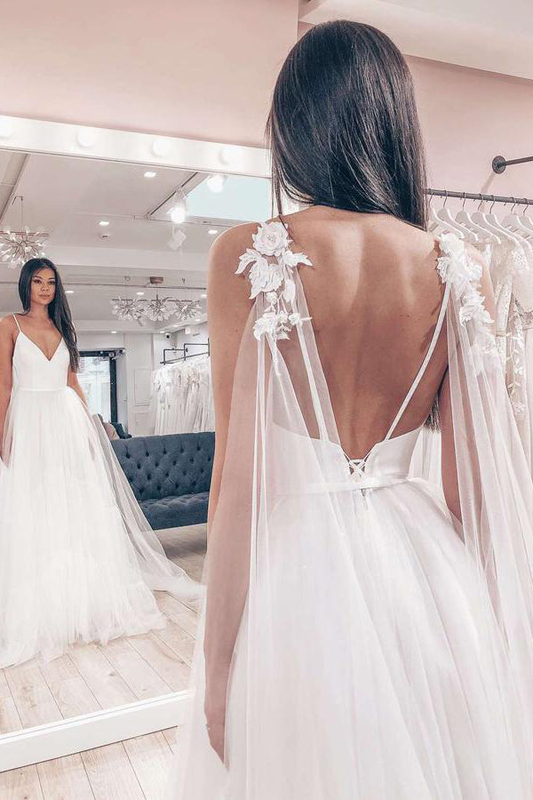 Spaghetti Straps V-neck Boho Wedding Dress Backless Wedding Dress