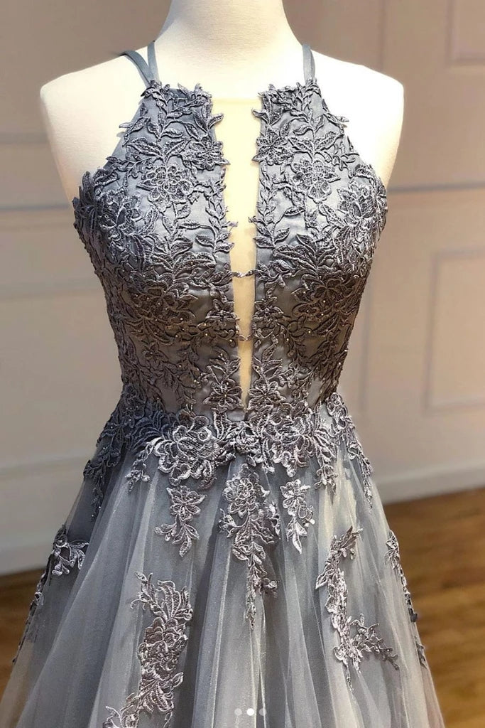 Tulle Gray Long Prom Dresses, Appliqued Backless Formal Evening Dress PO093