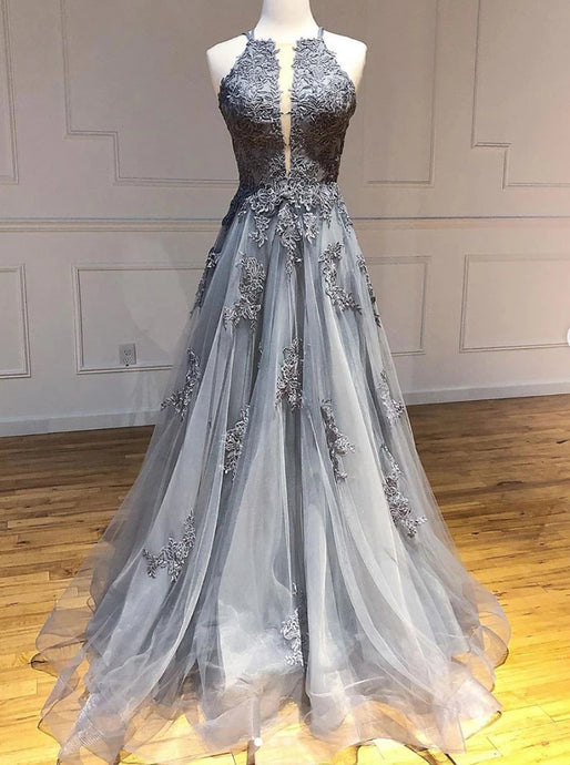 Tulle Gray Long Prom Dresses, Appliqued Backless Formal Evening Dress PO093