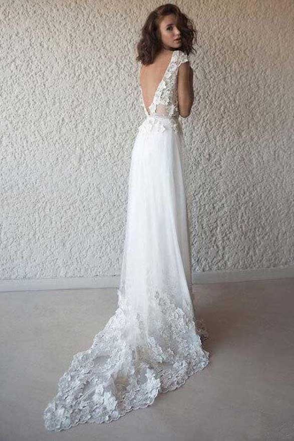 A-line V-neck Cap Sleeves Chiffon Beach Wedding Dress With Appliques OW548