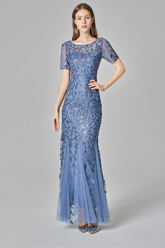 Round Neckline Mermaid Prom Dresses Tulle Sequin Long Evening Dresses E90801