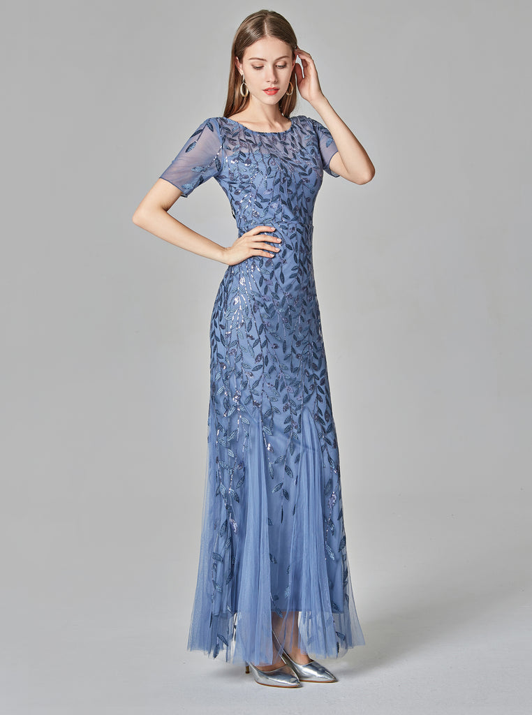 Round Neckline Mermaid Prom Dresses Tulle Sequin Long Evening Dresses E90801