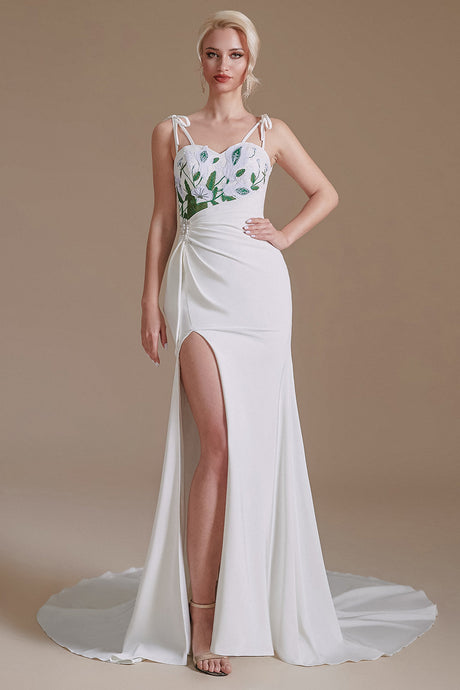 Spaghetti Straps Mermaid Chapel Train High Split Wedding Dress