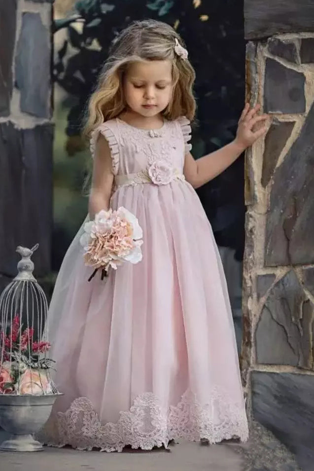 Princess Scoop Neckline Blush Pink Flower Girl Dress With Appliques OF126