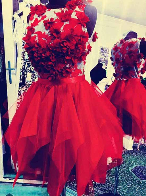 Red Round Neck Tulle Short Prom Dress, Appliques Homecoming Dress OM401