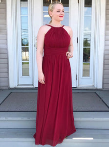 High Neck Chiffon Burgundy Bridesmaid Dress, Long Prom Party Dress OB277