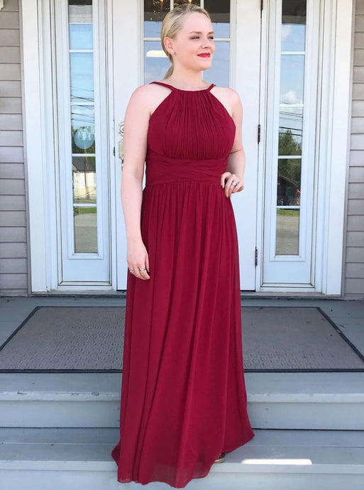 High Neck Chiffon Burgundy Bridesmaid Dress, Long Prom Party Dress OB277