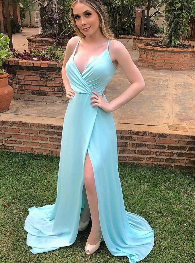 A-line V-neck Straps Mint Long Prom Dress with Criss-cross Back OP1007