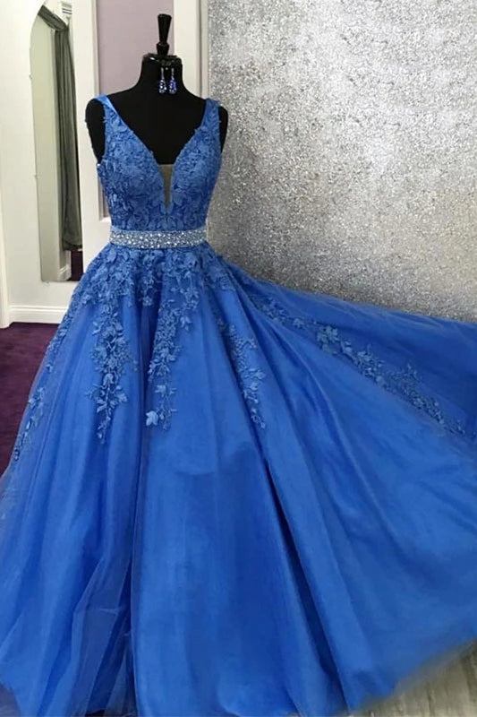 A-line V-neck Blue Long Prom Dress Appliques With Beading OP1000