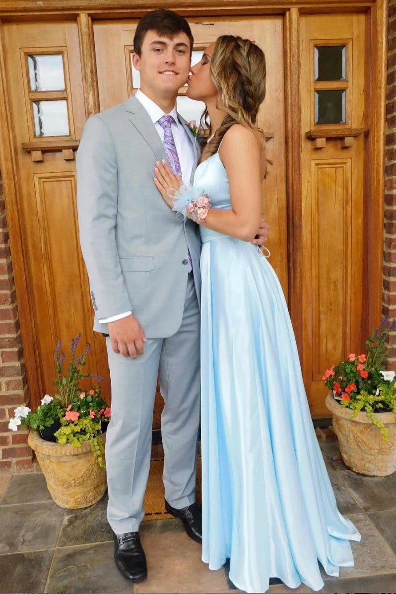 Simple Sky Blue Backless Long Prom Dress Evening Dress