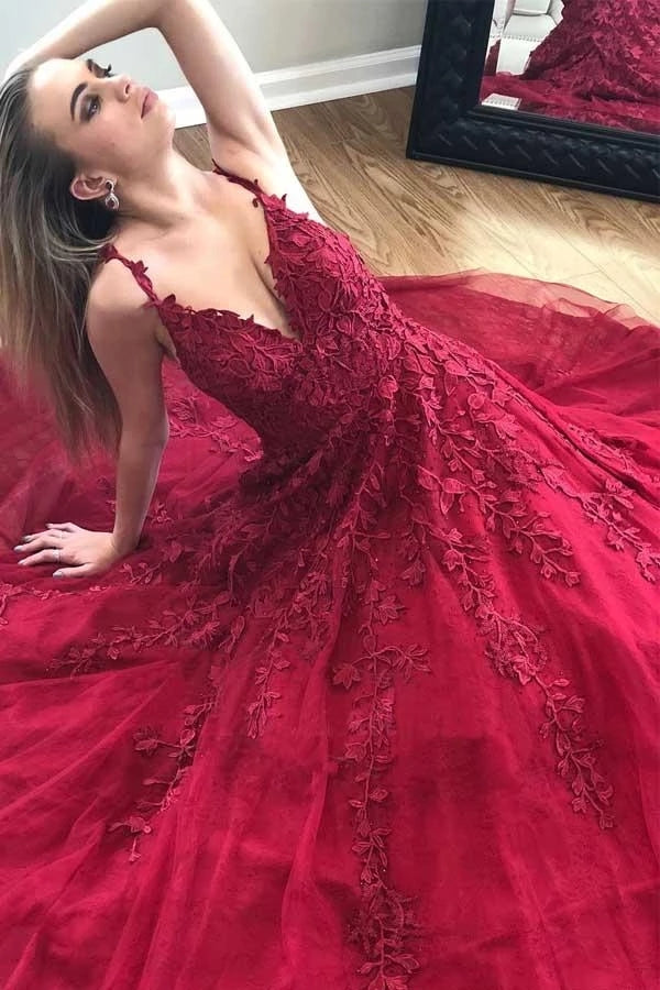 A Line V Neck Appliques Burgundy Prom Dresses, Tulle Long Evening Dress