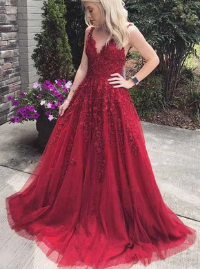 A Line V Neck Appliques Burgundy Prom Dresses, Tulle Long Evening Dress