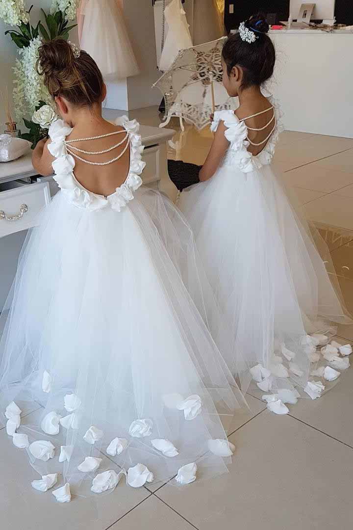 Princess Scoop Ruffles Tulle Flower Girl Dress Pearls Backless Birthday Party Dress OF129