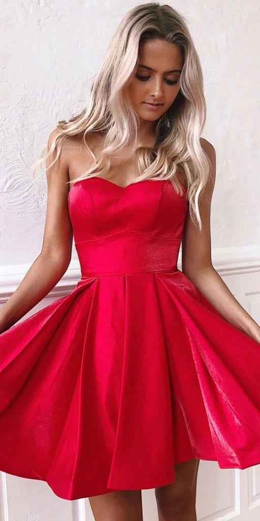 Red Sweetheart Satin Homecoming Dress, Short Prom Dress With Lace-Up Back OM362