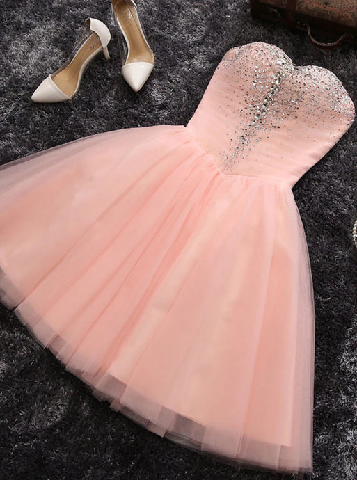 Chic Sweetheart Tulle Pearl Pink Short Homecoming Dress With Beading OM407