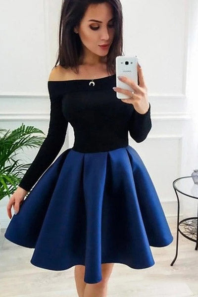 Off-Shoulder Long Sleeves Royal Blue Short Prom Homecoming Dress OM394