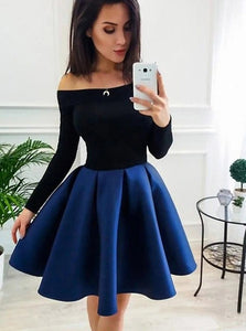 Off-Shoulder Long Sleeves Royal Blue Short Prom Homecoming Dress OM394