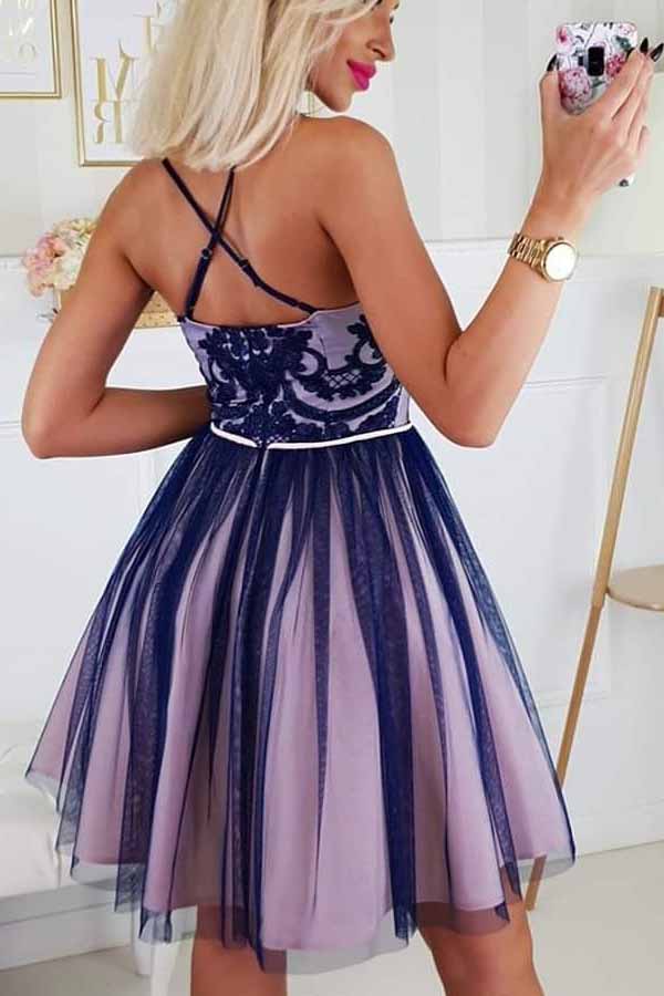 Spaghetti-straps Tulle Short Prom Dress Appliques Homecoming Dress OM371