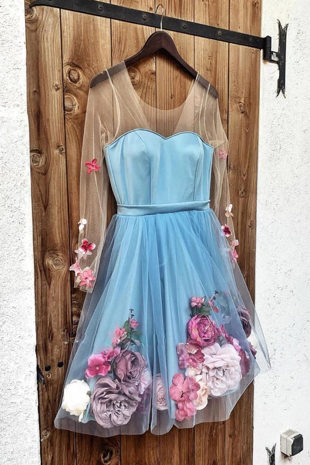 Blue Long Sleeves Short Prom Dresses Homecoming Dress With 3D Appliques