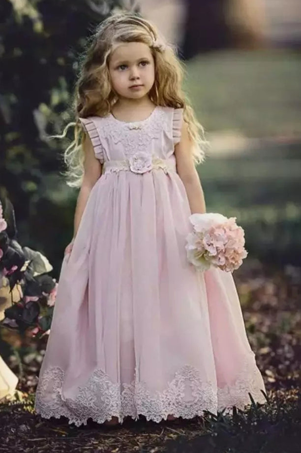 Princess Scoop Neckline Blush Pink Flower Girl Dress With Appliques OF126
