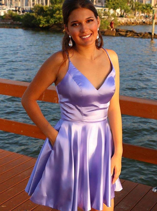 Simple A-line V-neck Lilac Short Prom Dresses Homecoming Dress With Pocket