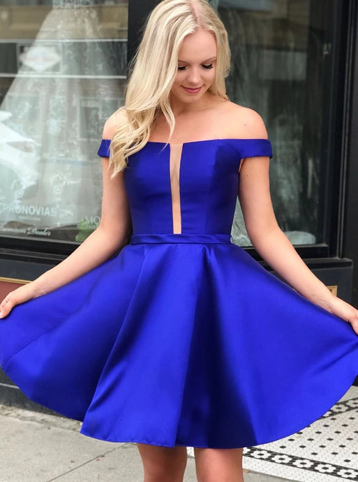 Simple Royal Blue Off-The-Shoulder Short Prom Dress Homecoming Dress