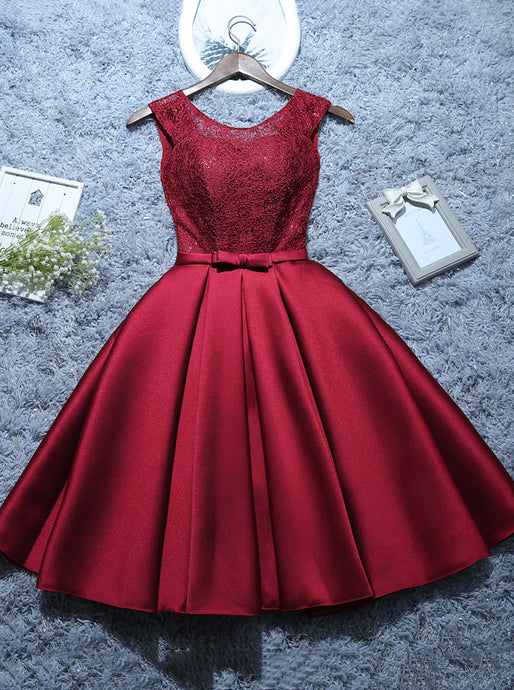 Burgundy Short Evening Dress Satin Lace A-line Short Homecoming Dress OM542