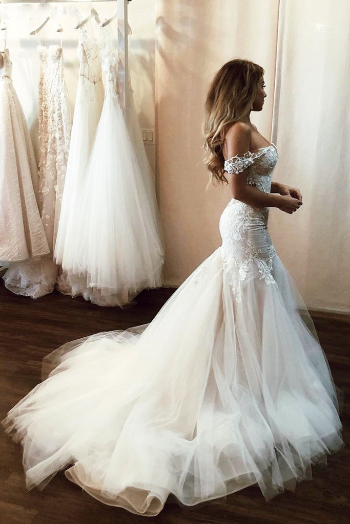 Stunning Off Shoulder Mermaid Lace Applique Wedding Dress With Tulle Skirt OW536