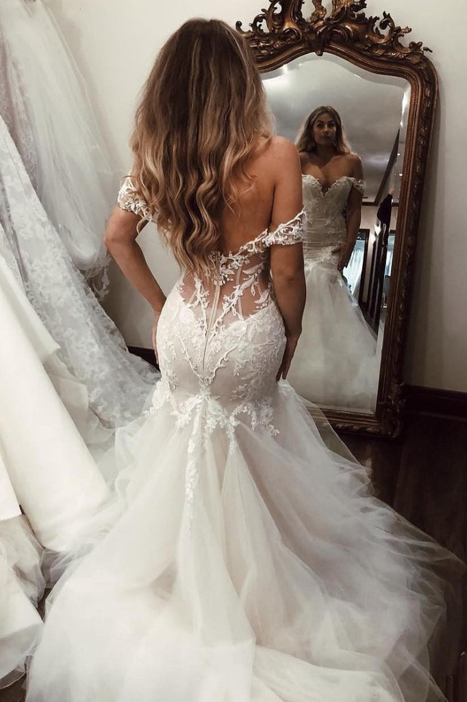 Stunning Off Shoulder Mermaid Lace Applique Wedding Dress With Tulle Skirt OW536