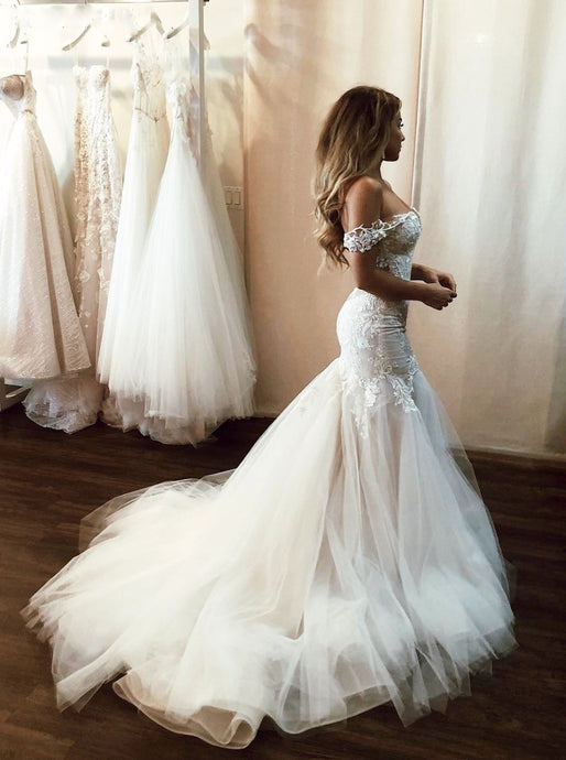 Stunning Off Shoulder Mermaid Lace Applique Wedding Dress With Tulle Skirt OW536