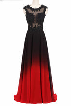 Round Neck Lace Applique Top Chiffon Black & Red Ombre Prom Formal Dresses PO022