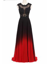 Round Neck Lace Applique Top Chiffon Black & Red Ombre Prom Formal Dresses PO022