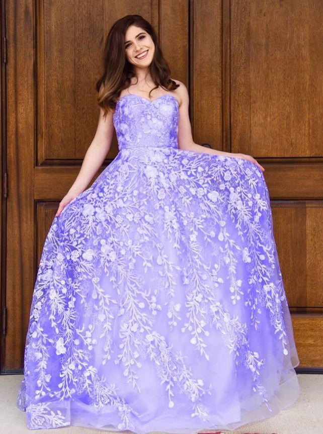 Sweetheart Tulle Long Prom Dresses, Appliques Long Formal Gown PO053