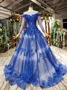 Sheer Neck Tulle Blue Ball Gown Beaded Applique Long Sleeve Prom Dresses OP872