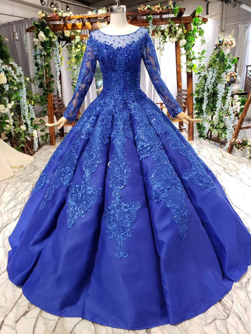 Long Sleeve Prom Dress Sheer Scoop Neck Quinceanera Dress With Beaded Applique OP873